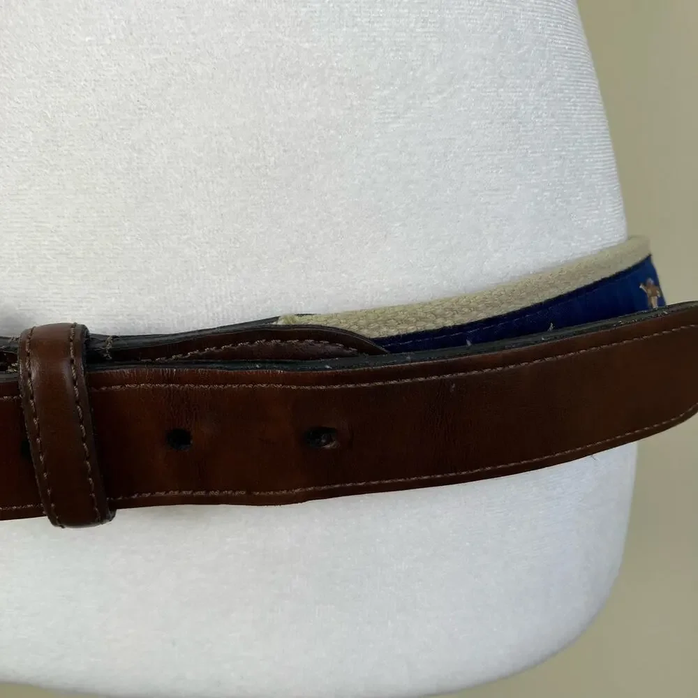 KEH Mens Sz M / 36 Vintage Leather Canvas Belt w Mallard Duck Design Brown Blue